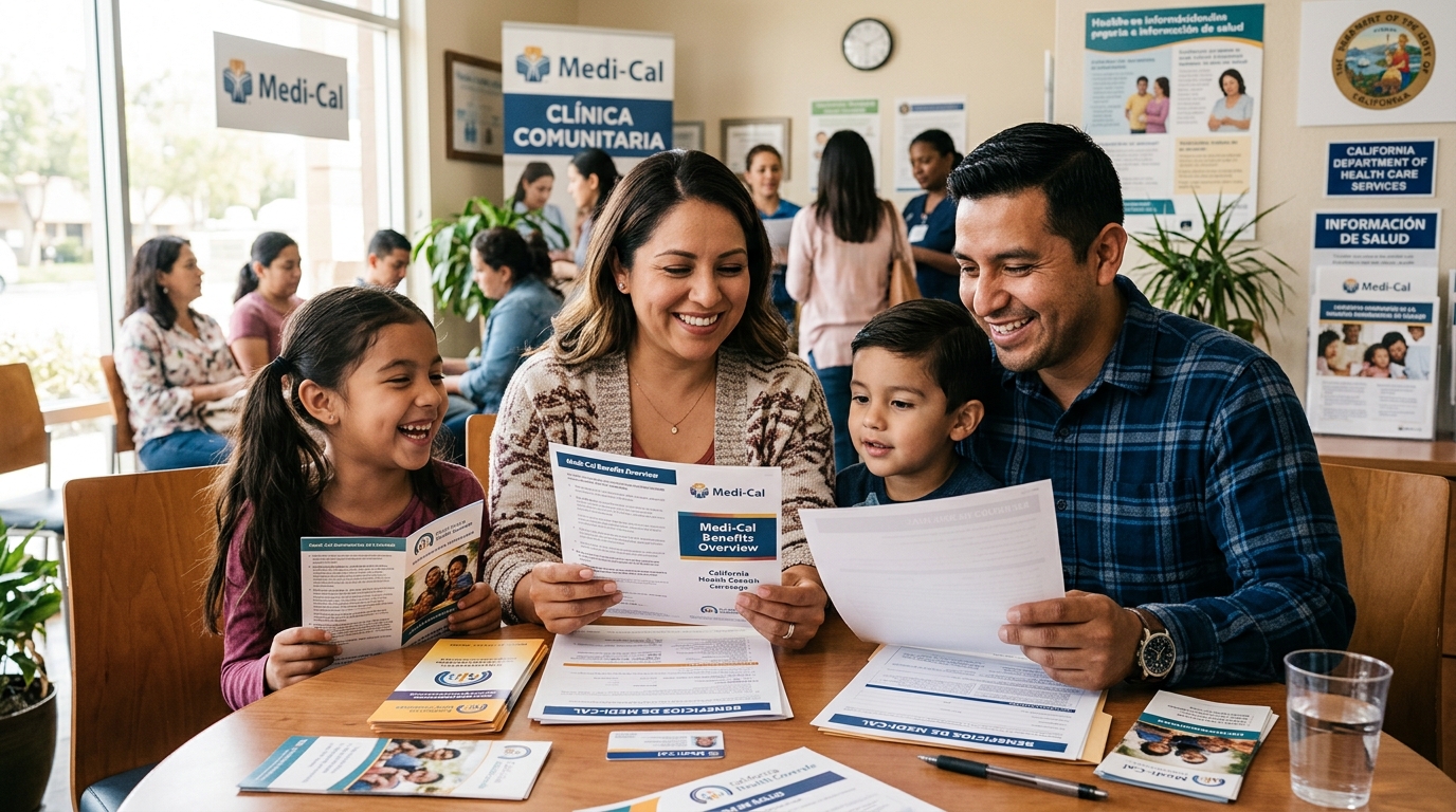 Latino family consulting with a healthcare navigator about Medi-Cal coverage