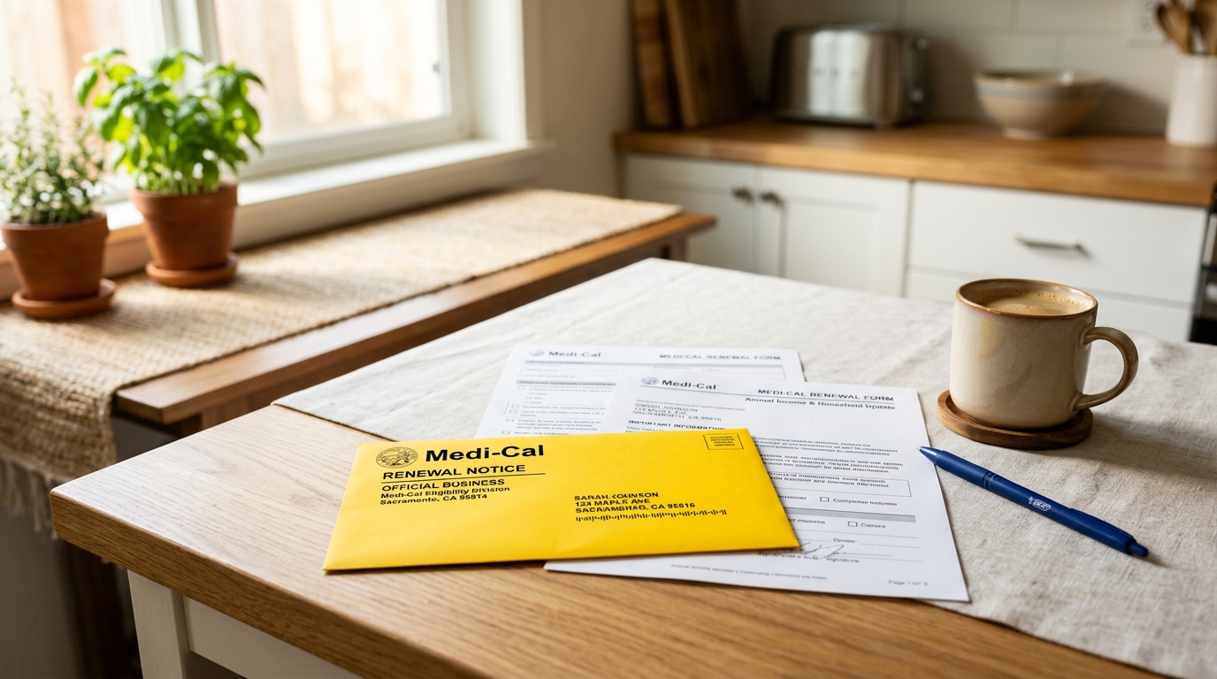 Official yellow Medi-Cal renewal packet envelope in home mail